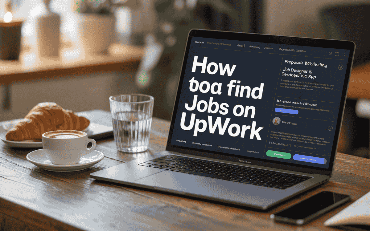 Laptop on wooden table with coffee, croissant, water glass, and smartphone, screen showing "How to find Jobs on UpWork" with proposal examples in bright cozy setting.