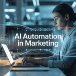 Woman working on laptop with futuristic glowing AI network overlay and text "AI Automation in Marketing" in contemporary office setting.