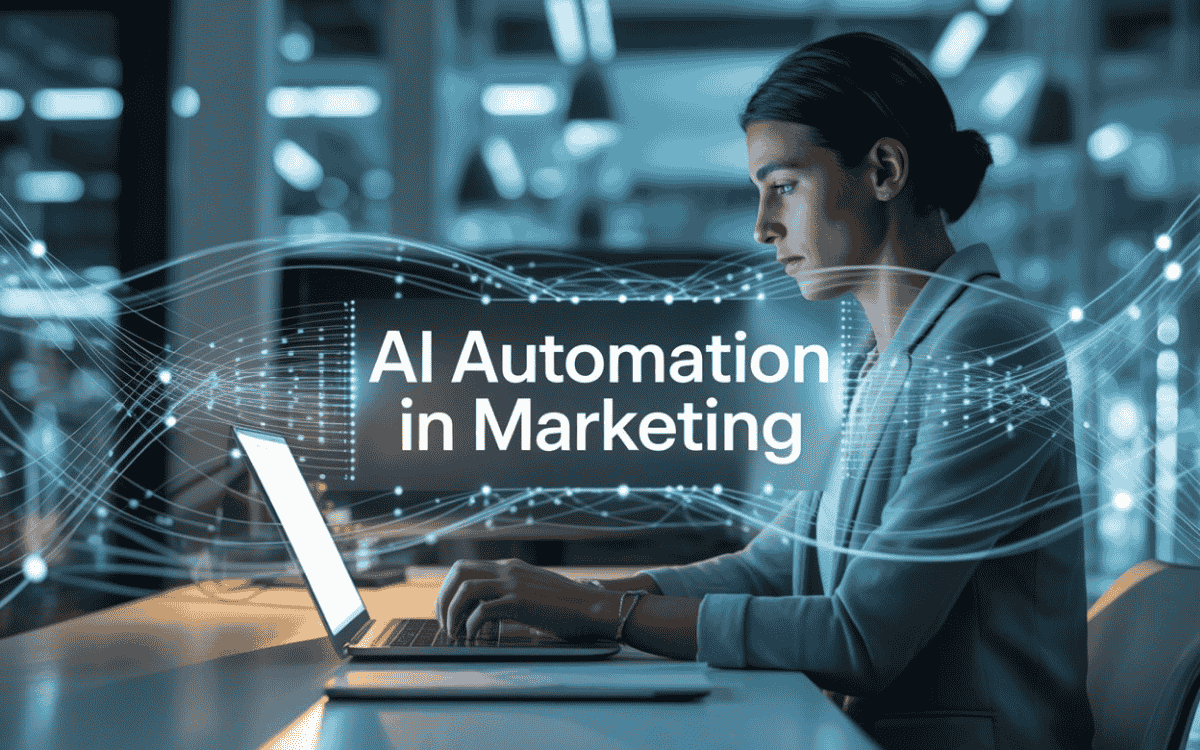 Woman working on laptop with futuristic glowing AI network overlay and text "AI Automation in Marketing" in contemporary office setting.