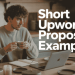 Man in green sweater sipping coffee while viewing laptop with "Short Upwork Proposal Example" text overlay in cozy kitchen setting.