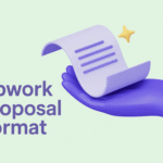 Purple hand presenting a document icon with lines and yellow star, text "Upwork Proposal Format" on light green background