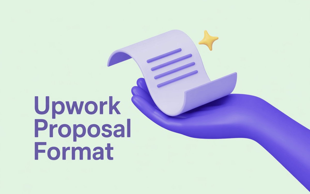 Purple hand presenting a document icon with lines and yellow star, text "Upwork Proposal Format" on light green background