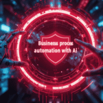 Robotic hand and human hand reaching toward glowing red holographic shield displaying "Business process automation with AI" in futuristic cyberpunk city background.