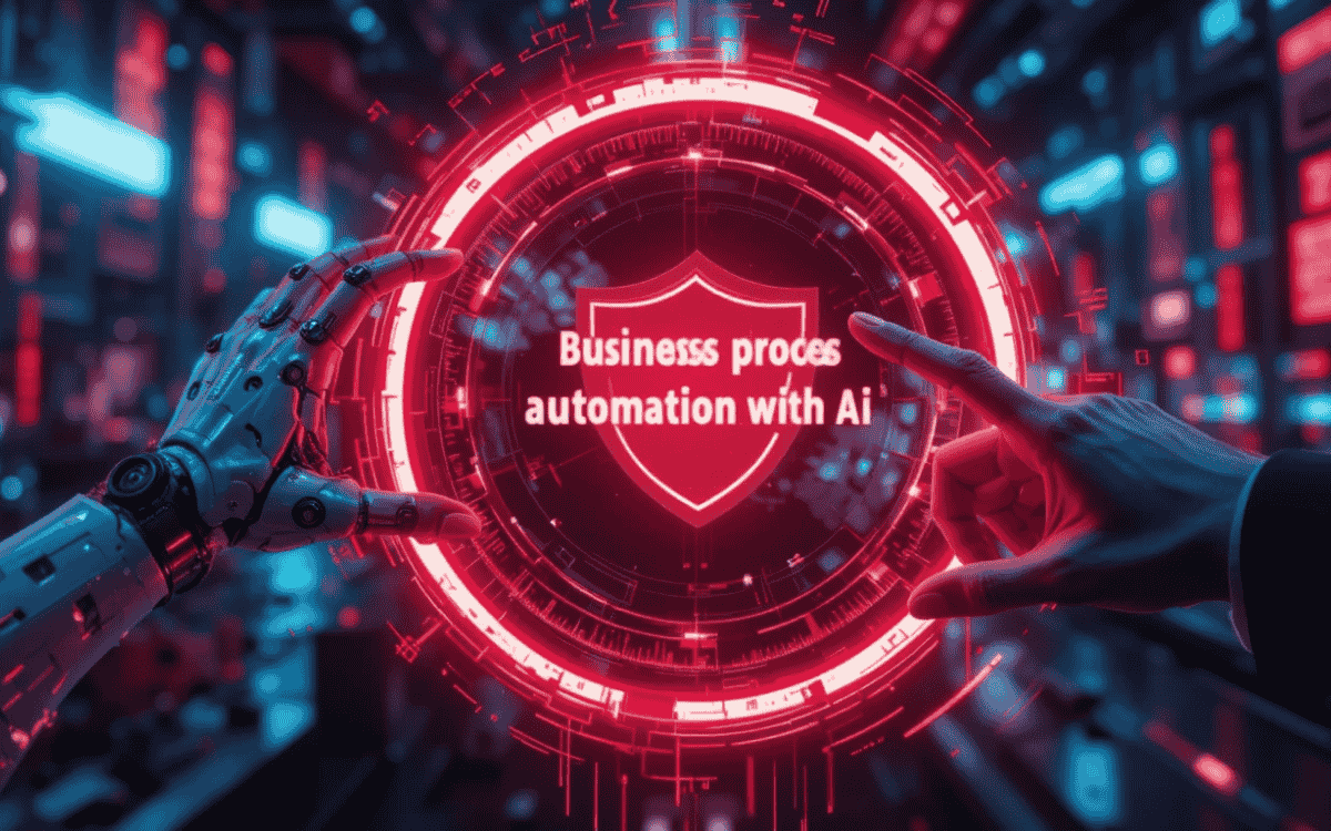 Robotic hand and human hand reaching toward glowing red holographic shield displaying "Business process automation with AI" in futuristic cyberpunk city background.