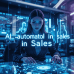 Professional woman working on advanced holographic sales dashboard with glowing blue AI automation elements in futuristic office