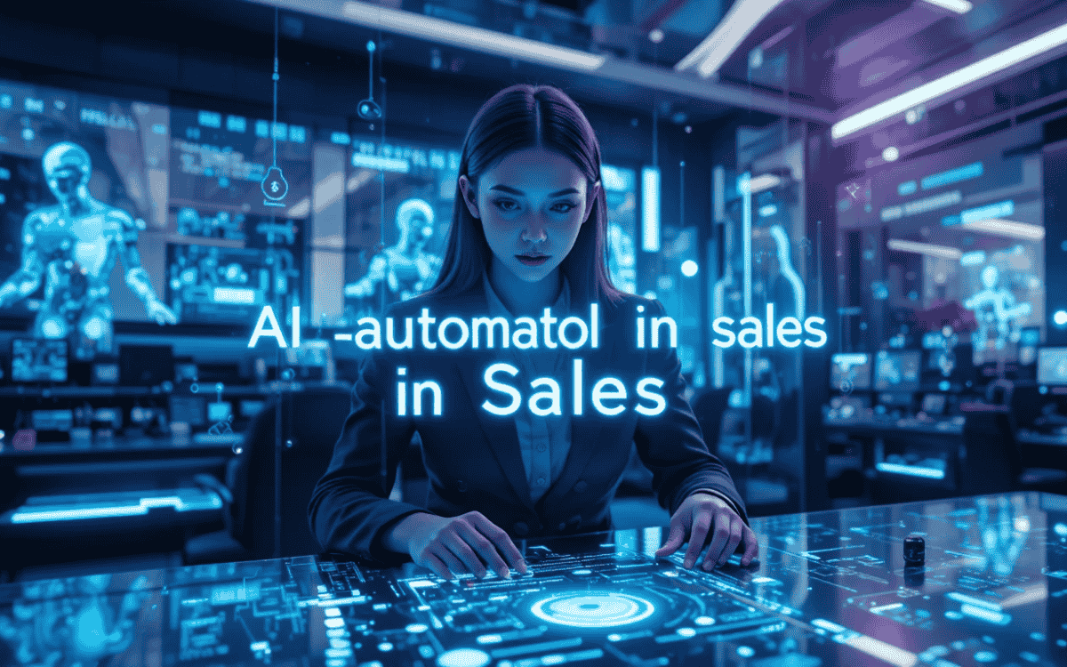 Professional woman working on advanced holographic sales dashboard with glowing blue AI automation elements in futuristic office