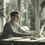 Man using laptop at wooden table with coffee in bright home workspace near window