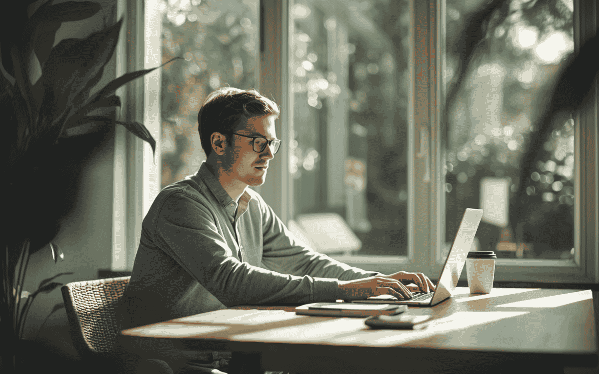 Man using laptop at wooden table with coffee in bright home workspace near window