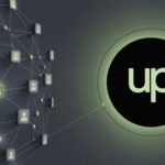 Network of user profile icons connected by glowing lines leading to large glowing green Upwork "up" logo on dark gradient background.