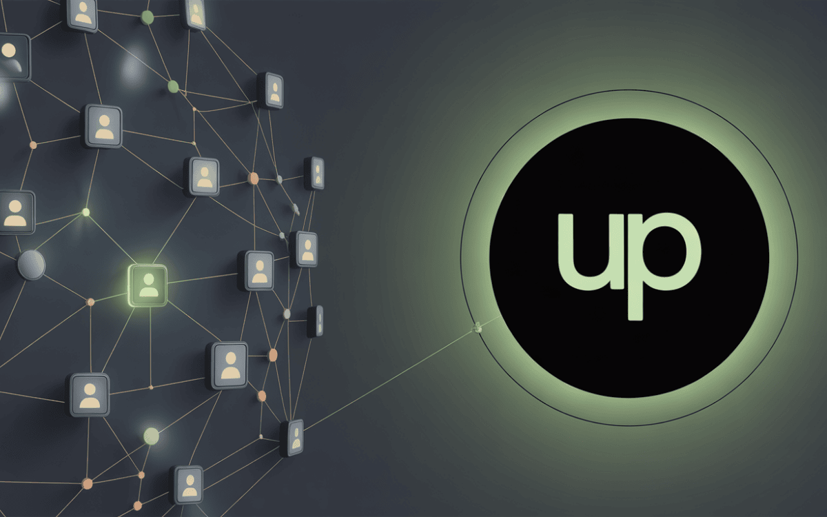 Network of user profile icons connected by glowing lines leading to large glowing green Upwork "up" logo on dark gradient background.