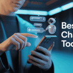 Hands holding smartphone interacting with holographic AI chatbot robot and chat bubbles, with text "Best AI Chatbot Tools" in neon blue environment.