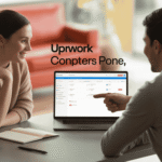 Woman and man discussing at table with laptop displaying Upwork platform, man pointing at screen during professional meeting.