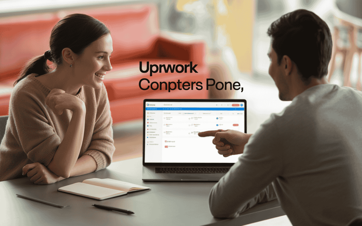 Woman and man discussing at table with laptop displaying Upwork platform, man pointing at screen during professional meeting.