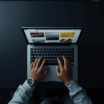 Person typing on a laptop from top view in a dark workspace, representing focused digital work and productivity.