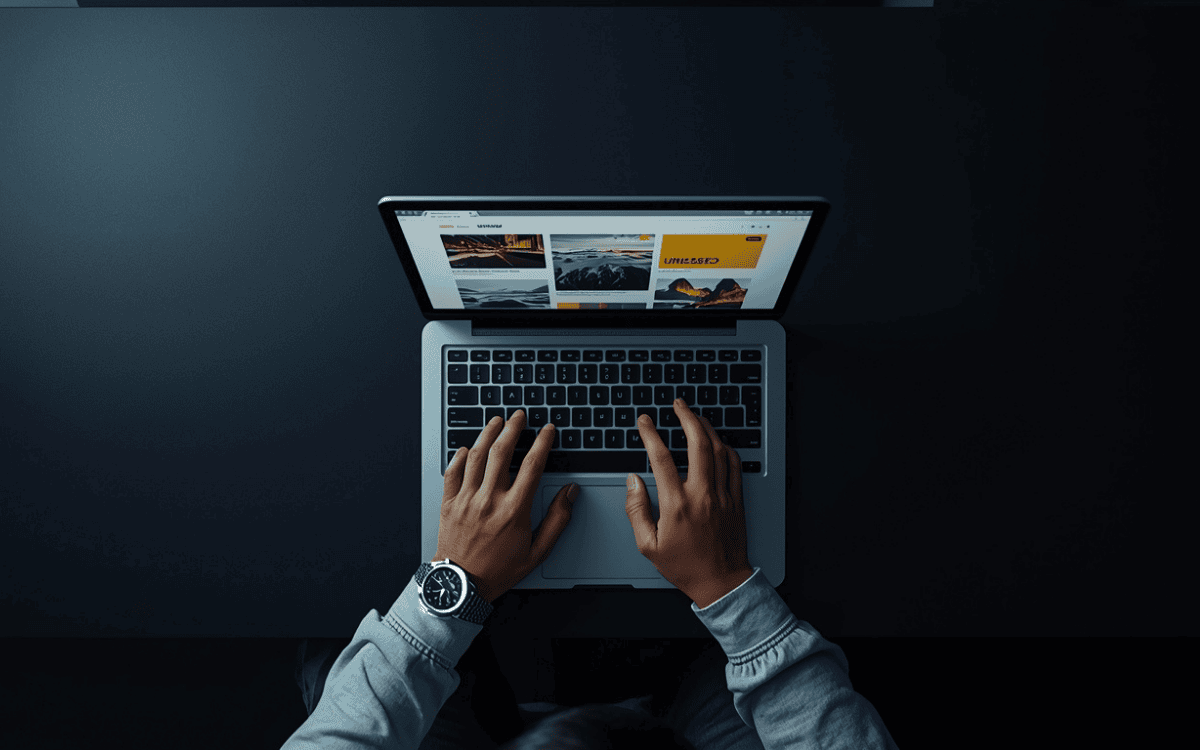 Person typing on a laptop from top view in a dark workspace, representing focused digital work and productivity.