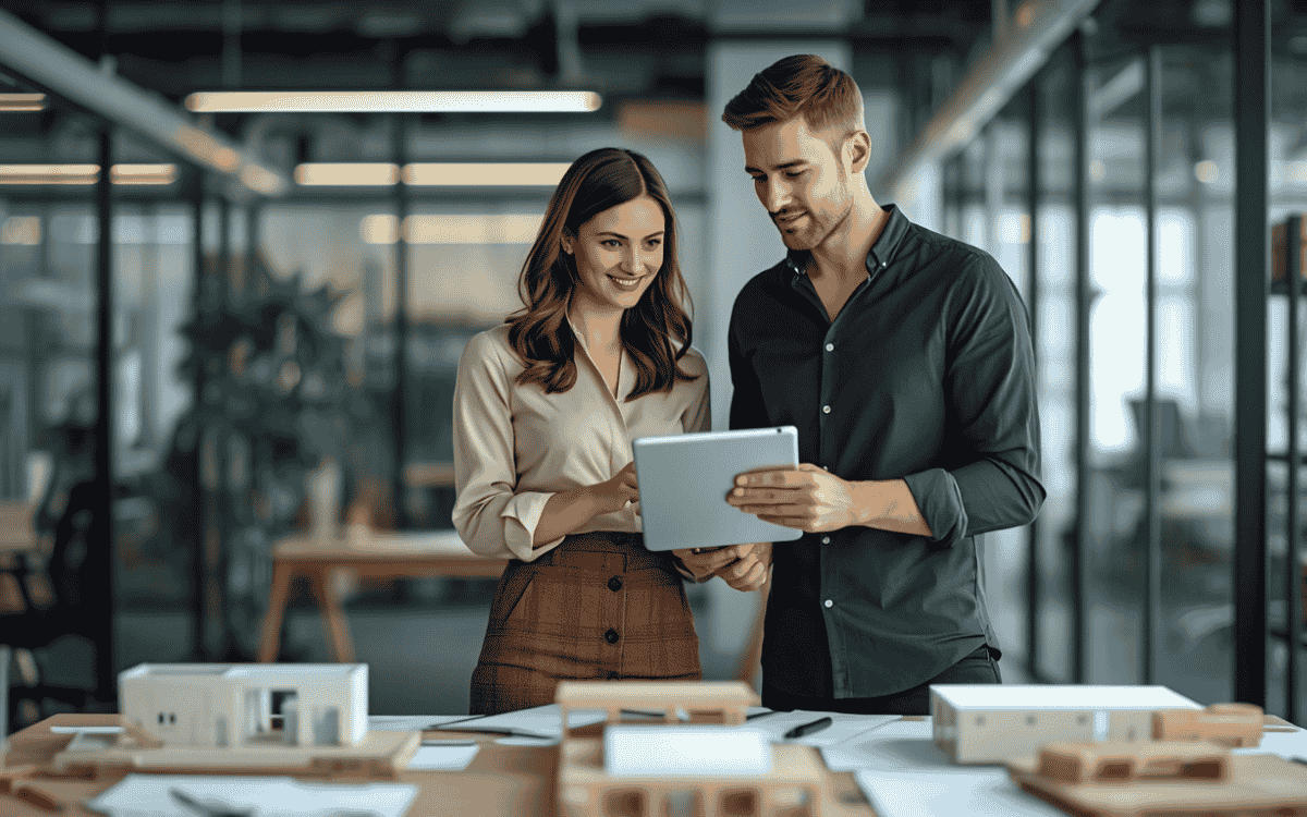 Two coworkers reviewing a tablet in a modern office with design models, showing collaboration and professional teamwork.