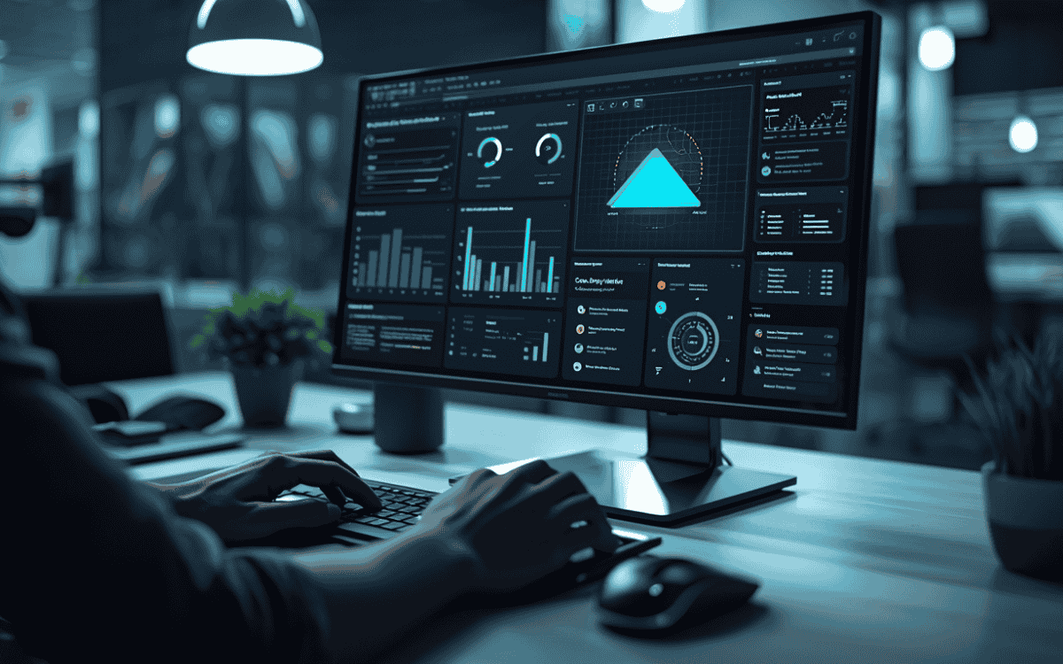 Person using a desktop computer with a futuristic interface in a clean workspace, representing technology and digital productivity.