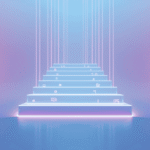 Glowing layered staircase with tech icons, symbolizing AI growth, no-code platforms, and digital innovation.