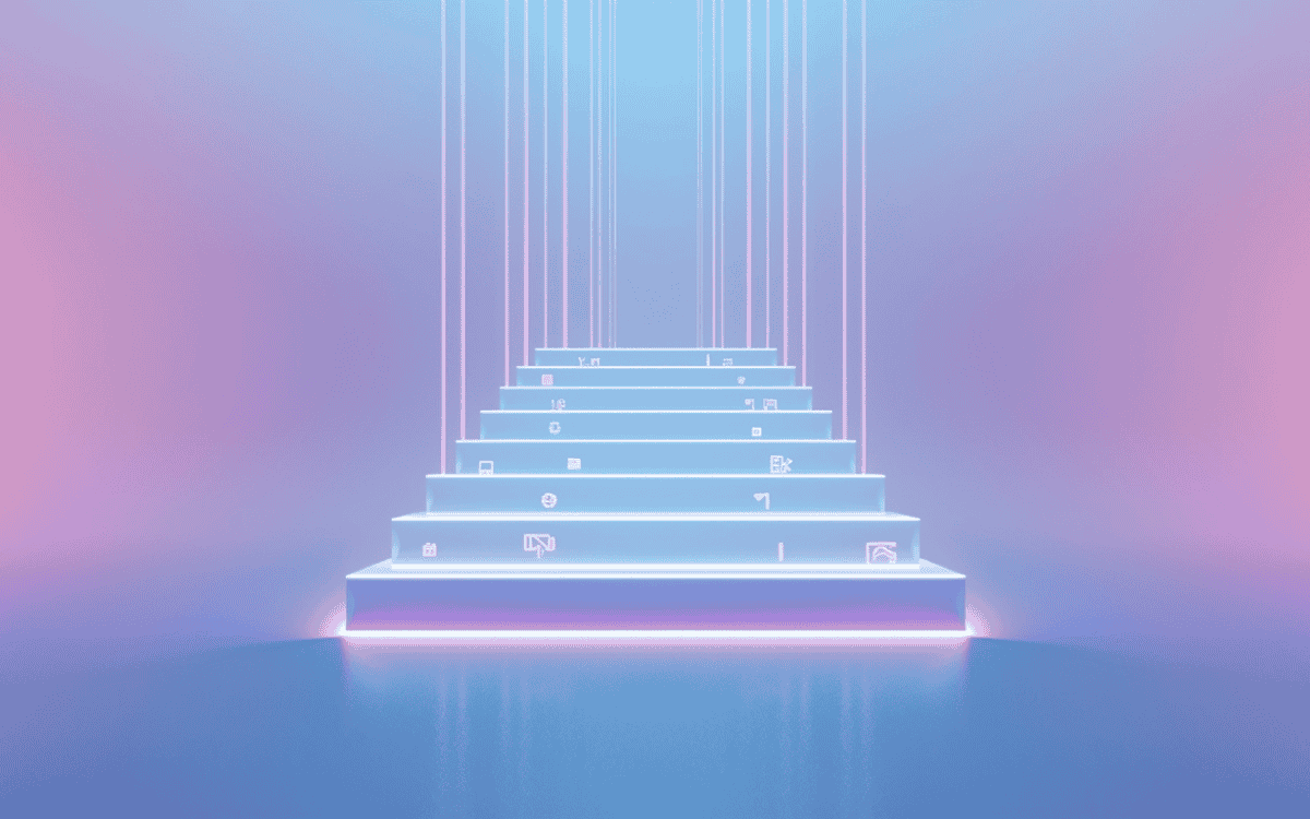 Glowing layered staircase with tech icons, symbolizing AI growth, no-code platforms, and digital innovation.