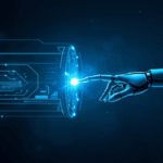 Robotic hand touching a holographic interface, symbolizing AI technology and digital interaction.