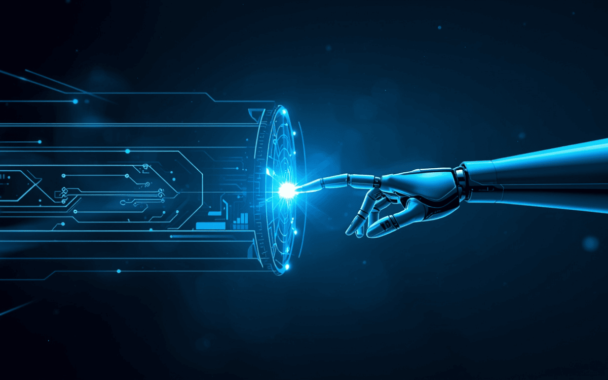 Robotic hand touching a holographic interface, symbolizing AI technology and digital interaction.