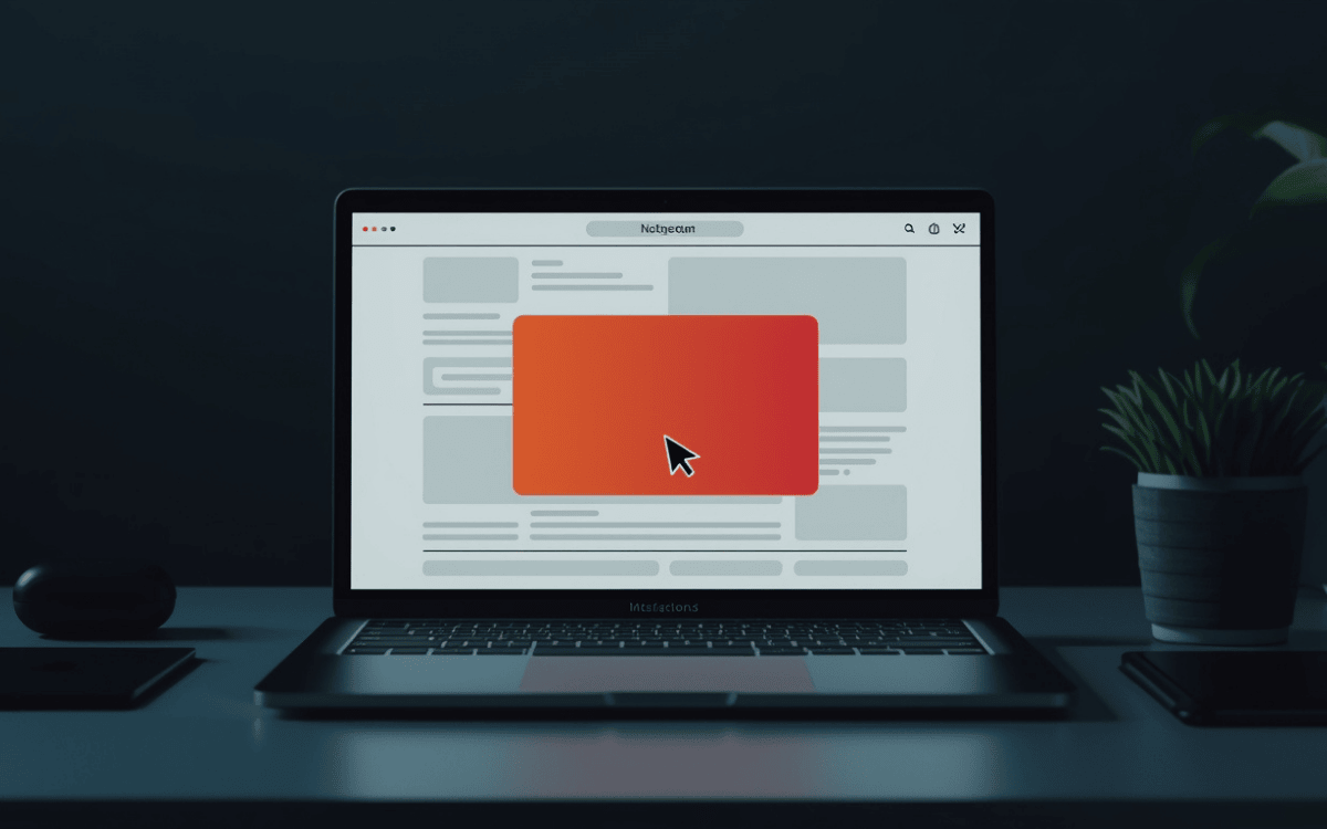 Laptop showing a bold alert interface on screen, symbolizing digital notification or system status change.