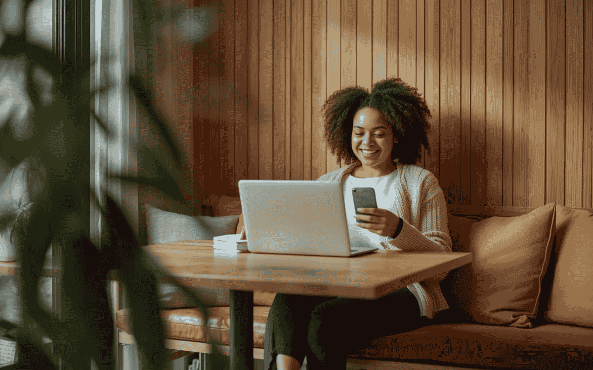 Woman using phone and laptop in cozy wooden room with soft lighting and relaxed setting