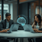 Team of professionals using laptops around a table with a glowing AI hologram in a modern office setting