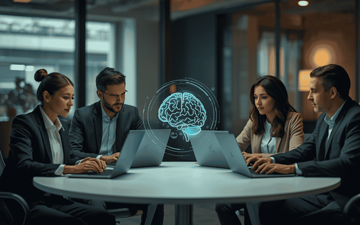 Team of professionals using laptops around a table with a glowing AI hologram in a modern office setting