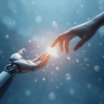 Robot hand reaching toward human hand with glowing connection, representing AI interaction and technology collaboration.