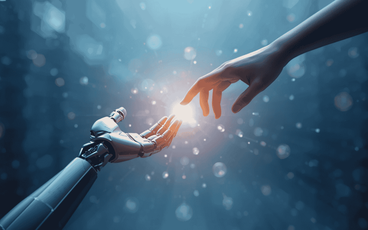 Robot hand reaching toward human hand with glowing connection, representing AI interaction and technology collaboration.