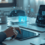 Hand using a tablet with holographic AI interface, symbolizing digital technology and intelligent systems.
