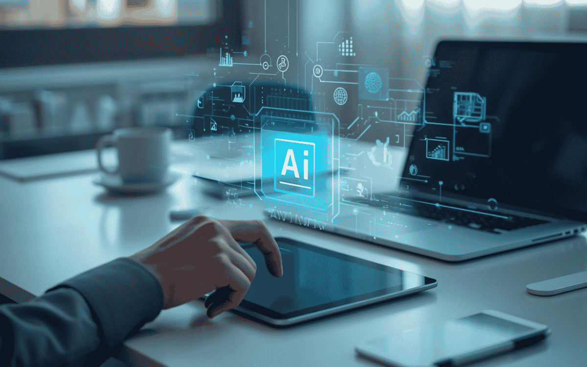 Hand using a tablet with holographic AI interface, symbolizing digital technology and intelligent systems.