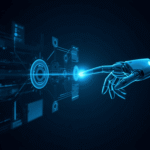Robotic hand touching a holographic interface, representing artificial intelligence and digital interaction.