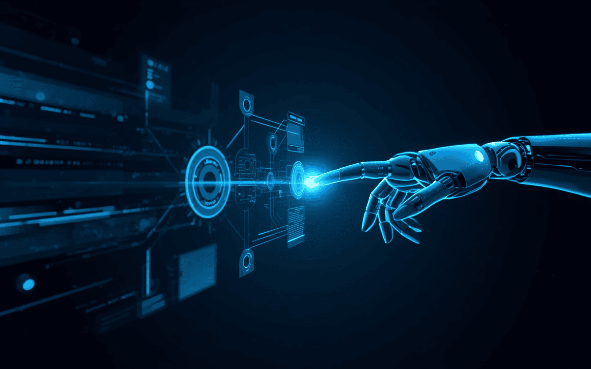Robotic hand touching a holographic interface, representing artificial intelligence and digital interaction.