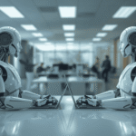 Two robots facing each other at a desk in an office, symbolizing AI collaboration and modern workplace automation.