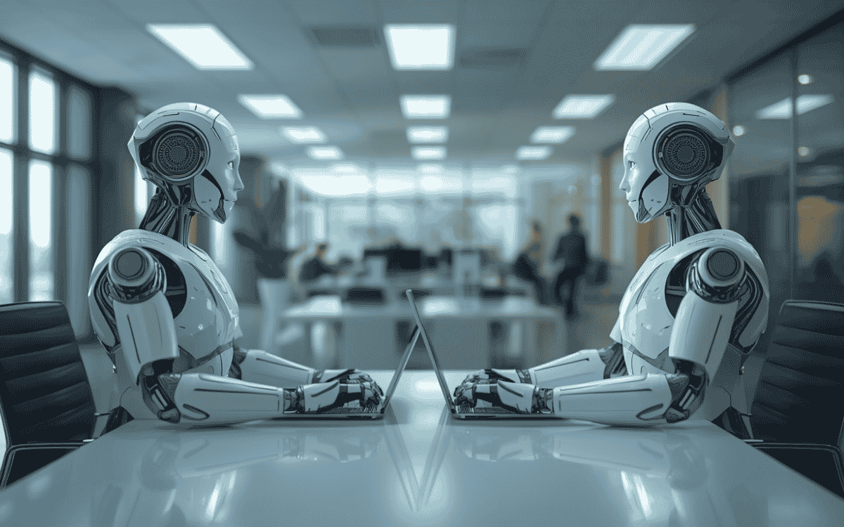 Two robots facing each other at a desk in an office, symbolizing AI collaboration and modern workplace automation.