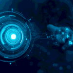 Futuristic AI interface linked to a workflow grid, symbolizing automation and digital system processes.