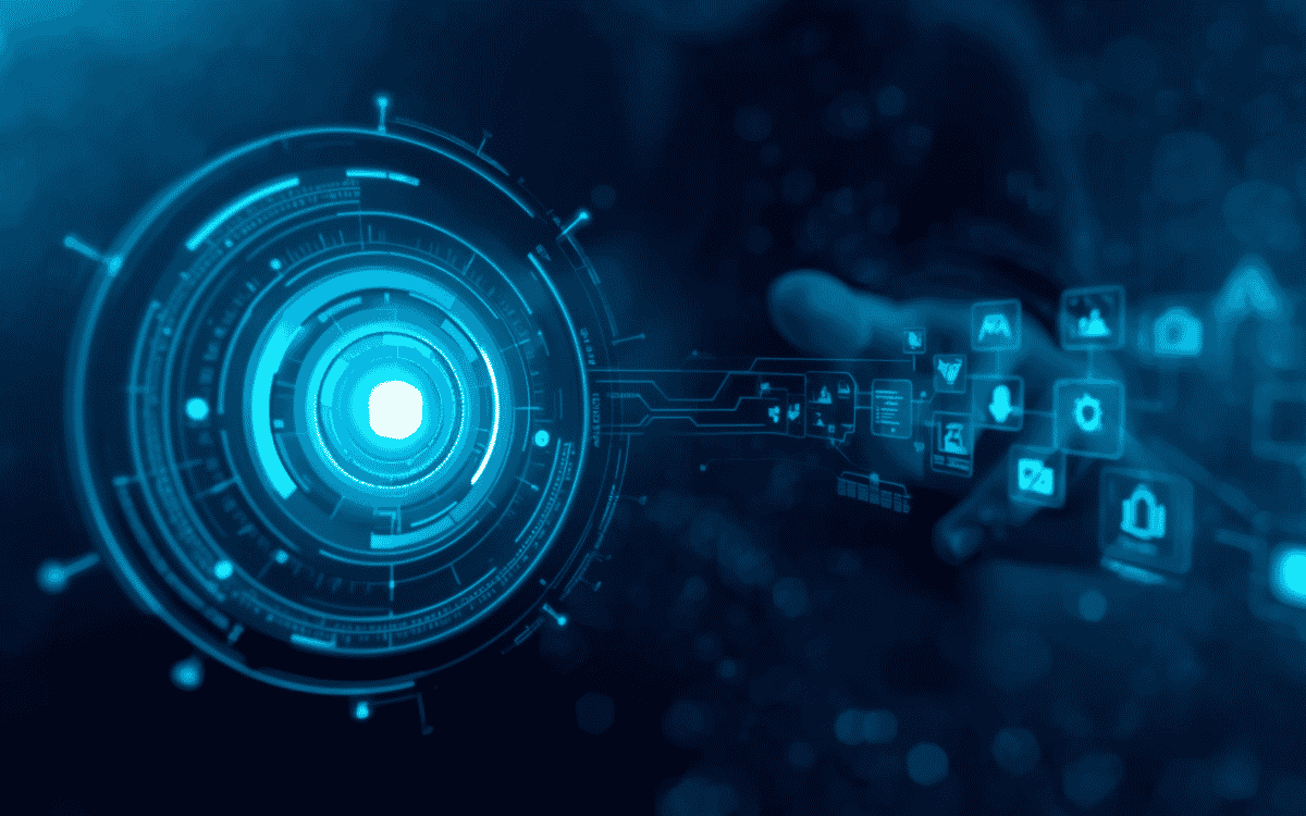 Futuristic AI interface linked to a workflow grid, symbolizing automation and digital system processes.