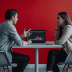 Two people discussing laptop with charts at table in modern room with red wall background