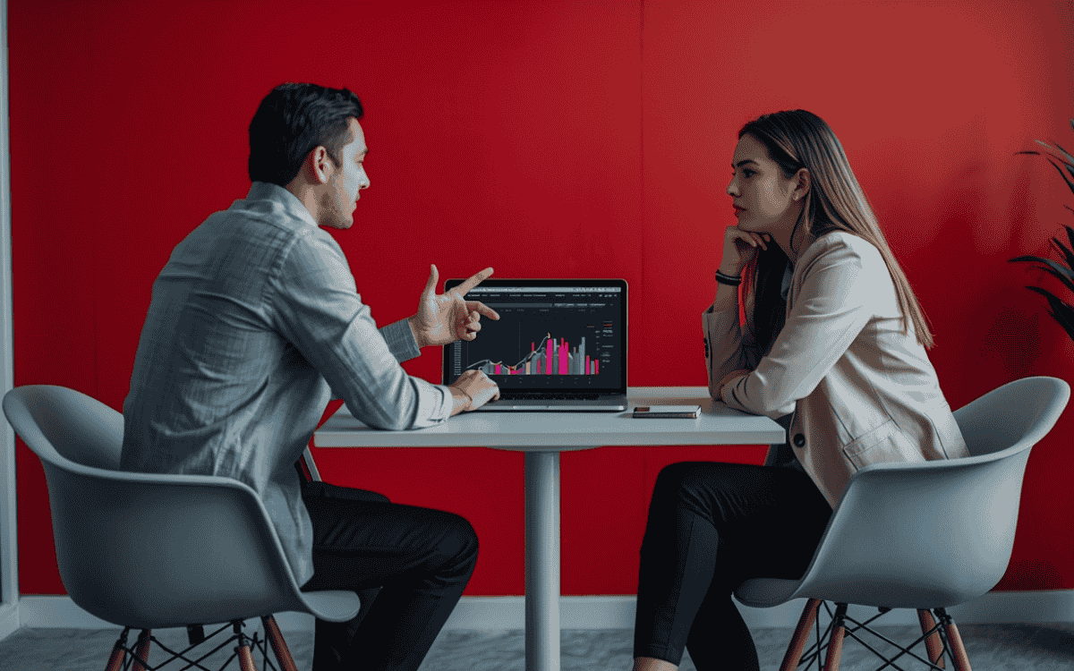 Two people discussing laptop with charts at table in modern room with red wall background