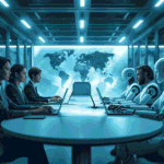 Humanoid robots working on laptops in a futuristic data center with glowing digital screens and servers