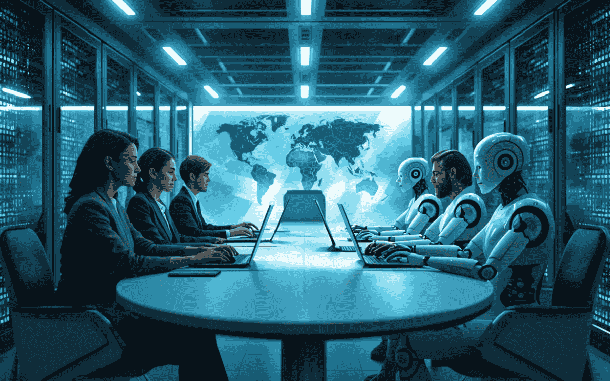 Humanoid robots working on laptops in a futuristic data center with glowing digital screens and servers