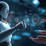 Robot pointing at data interface with human hand nearby in futuristic AI scene