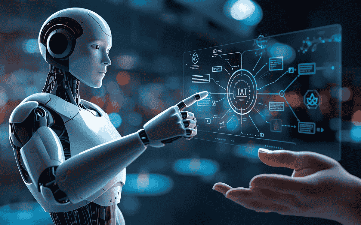 Robot pointing at data interface with human hand nearby in futuristic AI scene