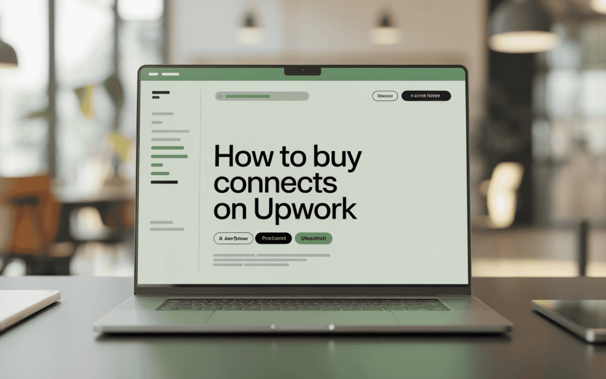 Open laptop showing "How to buy connects on Upwork" guide on screen in bright modern workspace setting.