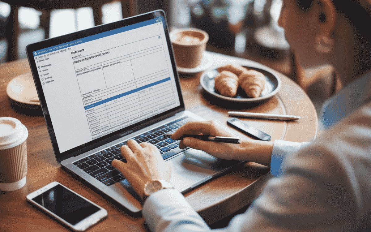 Person typing on a laptop with coffee and pastries on a table in a cozy workspace