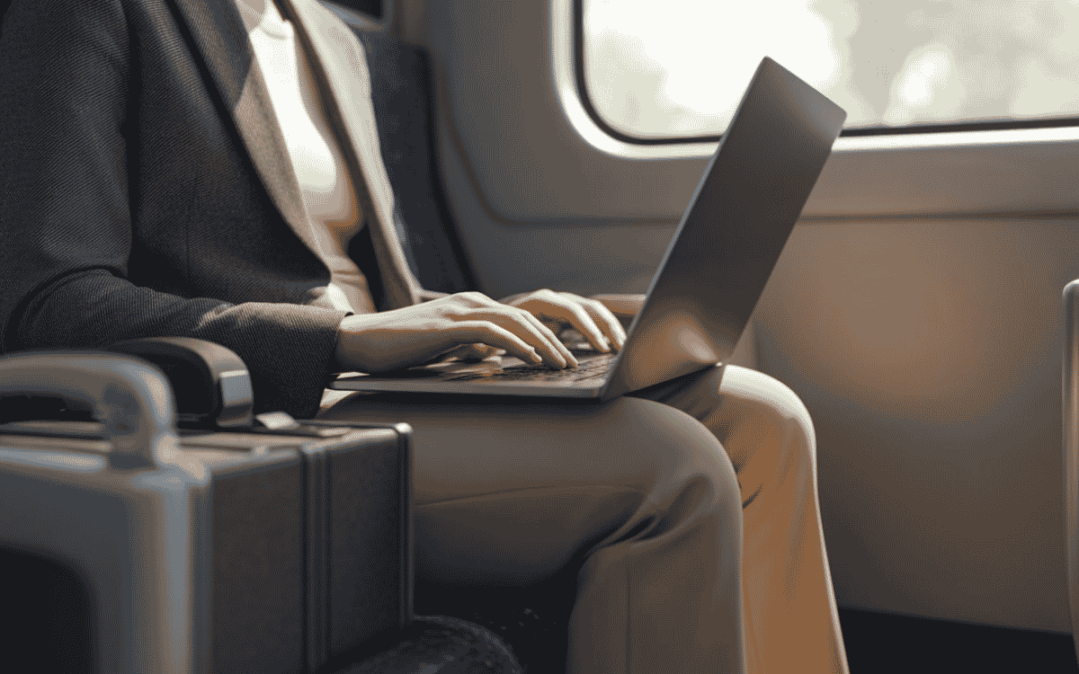 Person using a laptop while traveling on public transport with a bag nearby