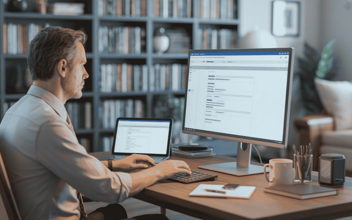 Man working at a desk with computer in a home office filled with bookshelves