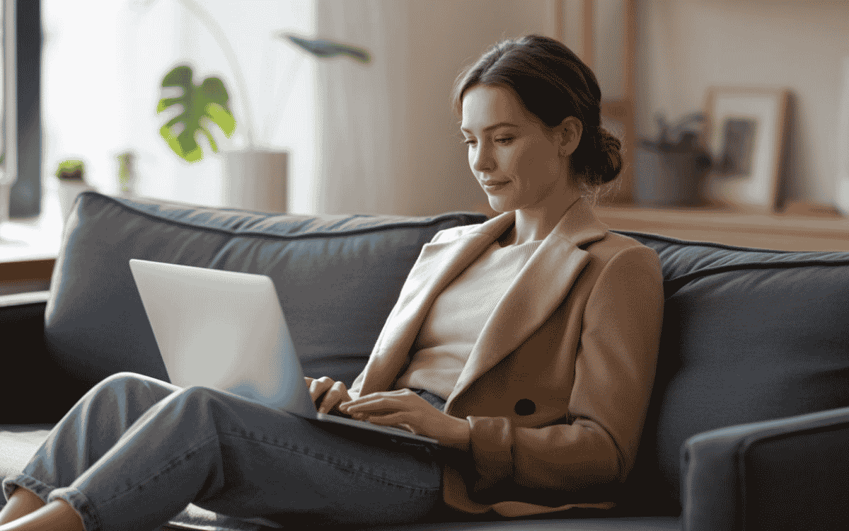 Woman using a laptop on a sofa in a cozy home setting with natural light
